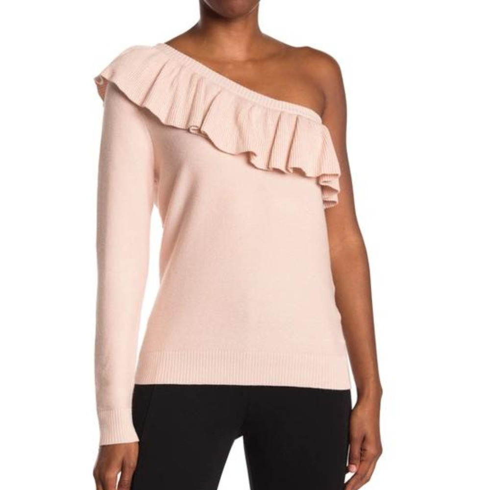 Rebecca Minkoff Stacey Ruffle Popover Knit One-shoulder Sweater Pale Pink Md
